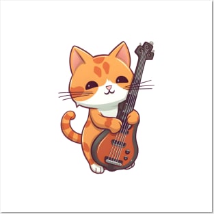 Cute Cat Playing Guitar Posters and Art